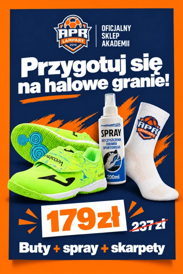 Zestaw halowy APR Lampart: zielone buty Joma Supercopa, skarpetki z herbem i spray