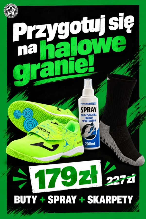 Zestaw halowy AP Falubaz: zielone buty Joma Supercopa, czarne skarpety antypoślizgowe i spray